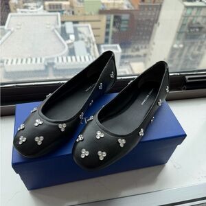 Stuart Weitzman Nadine Black Leather Ballet Flats with Crystal Flower Accents: